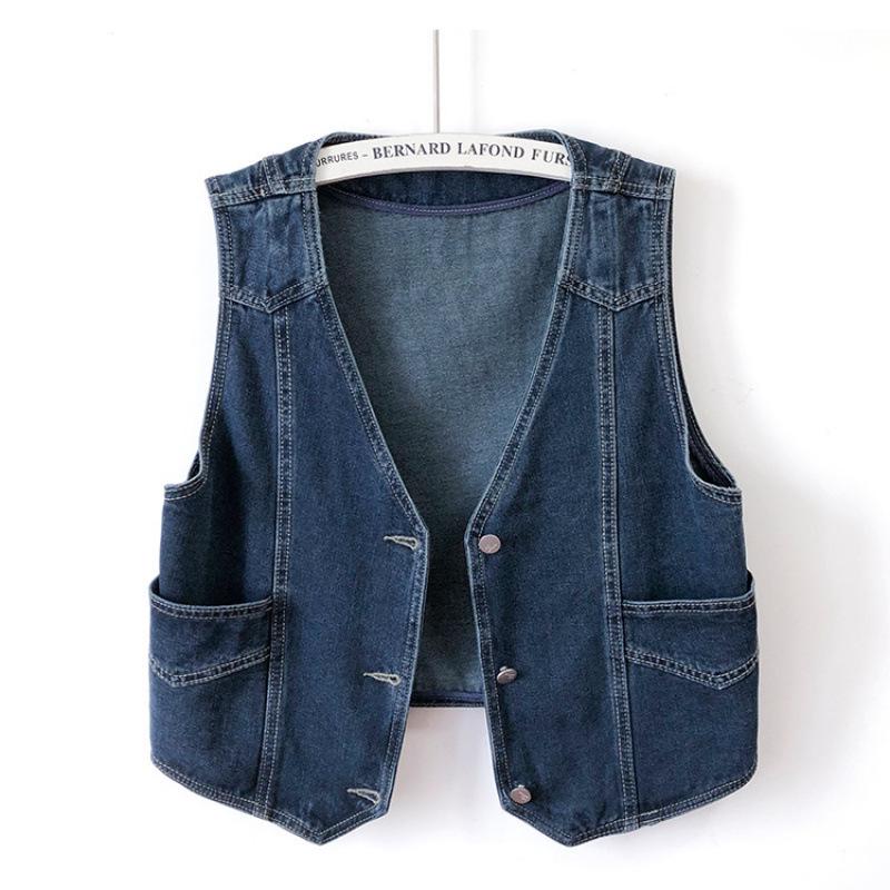 Women's European Retro V-Neck Dark Blue Denim Vest - Spring/Autumn 2025 Sleeveless Loose-Fit Outerwear