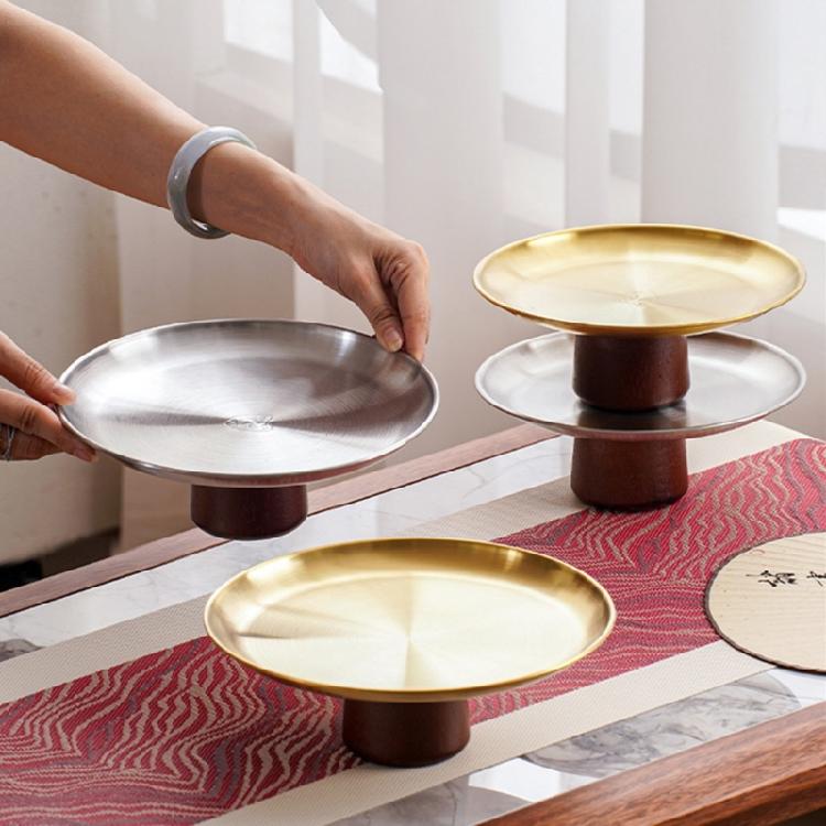 Stainless Steel High Footed Cake Storage Tray Appetizer Platter Fruit Display Plate Household Wood Base Snacks Pans