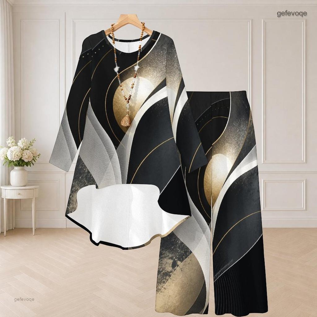 Women Plus Size Black Gold Printed Round Neck Long Sleeve High Low Top Wide Leg Pants Two Piece Set