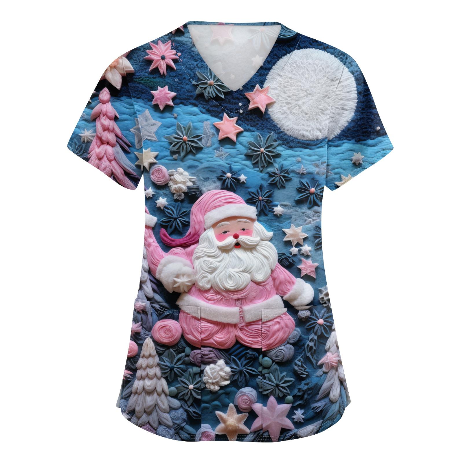 

Women s V-neck Christmas Printed Short-sleeved Pocket Side-slit Protective Suit Top XXXL