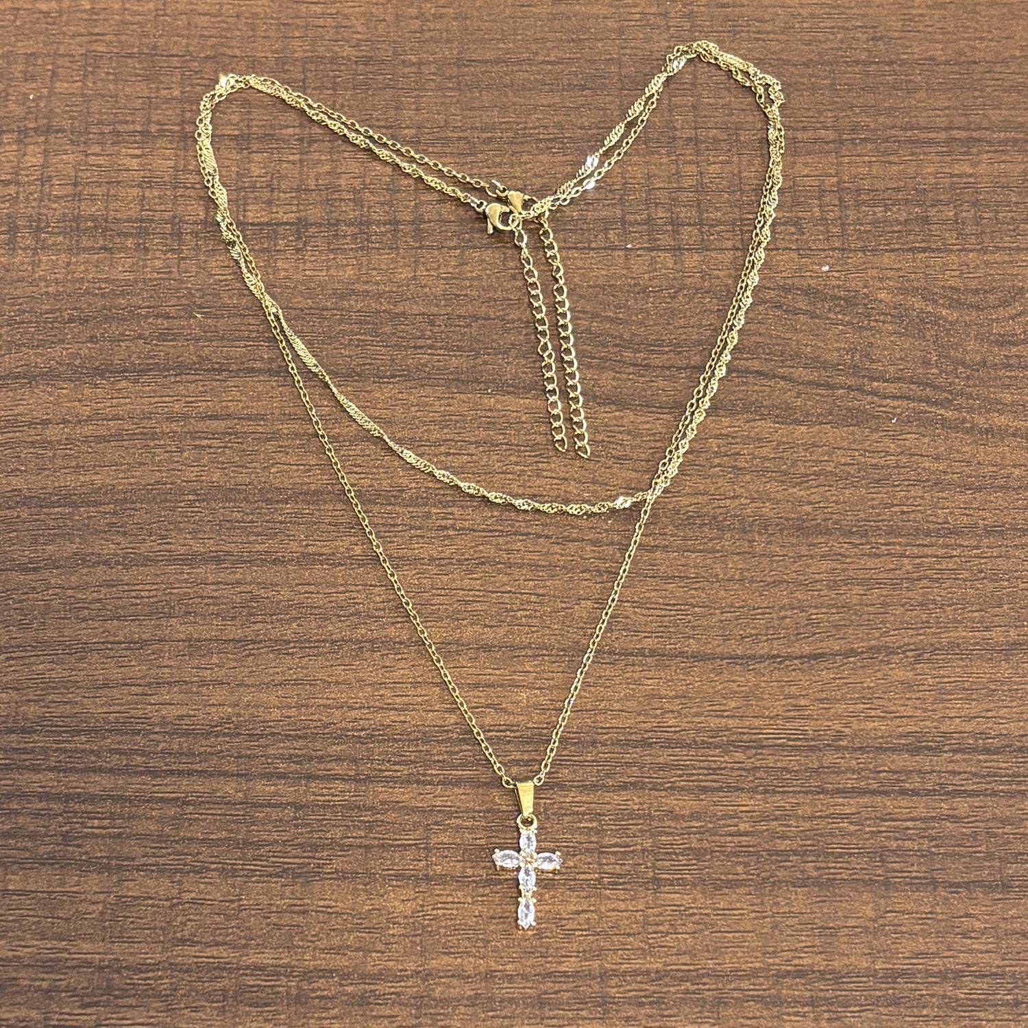 Eco-friendly 18K Gold Double Layer Cross Necklace with Marquise Zircon Water Wave Chain