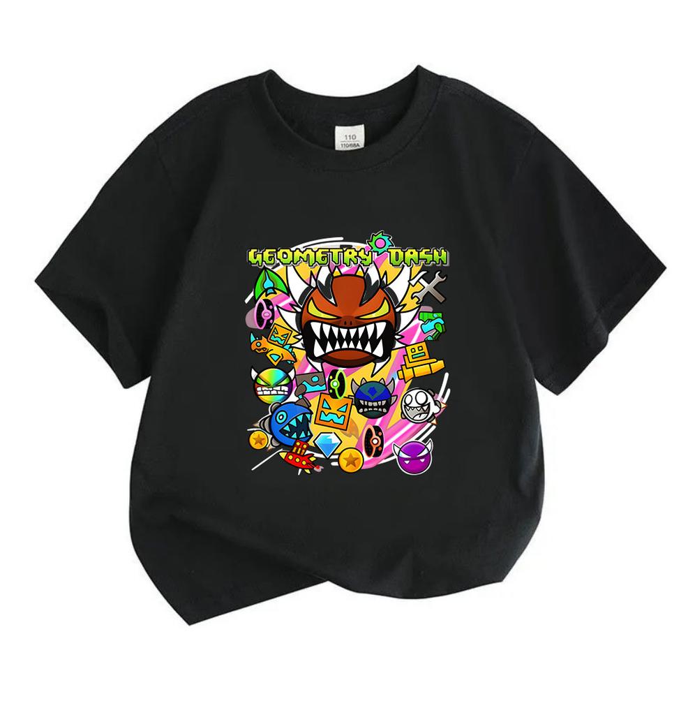 Kids Boys Girls 100% Cotton Crew Neck Short Sleeve T-Shirt, Geometry Game Cartoon Print Casual Summer Tee for Children Daily Wear Active Tops