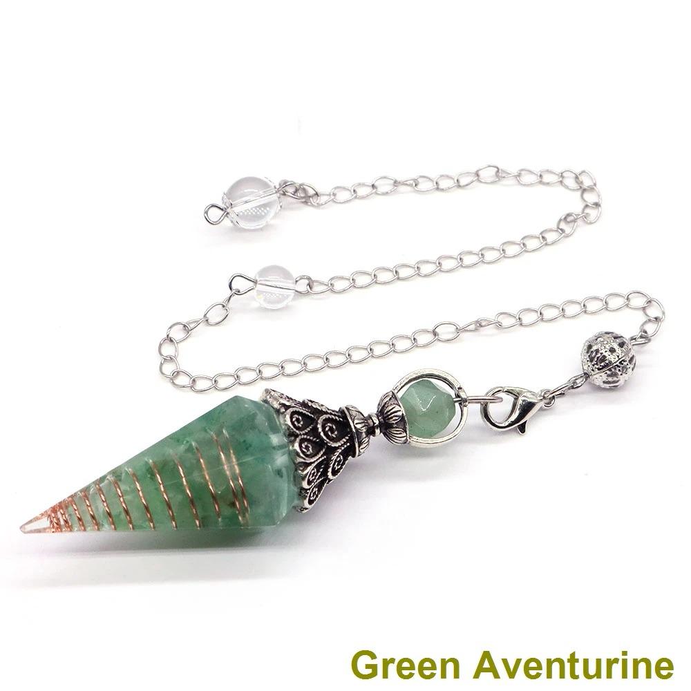Antique Silver Seven Chakra Crystal Pendulum with Semi-Precious Chips and Resin Hexagonal Cone Pendant