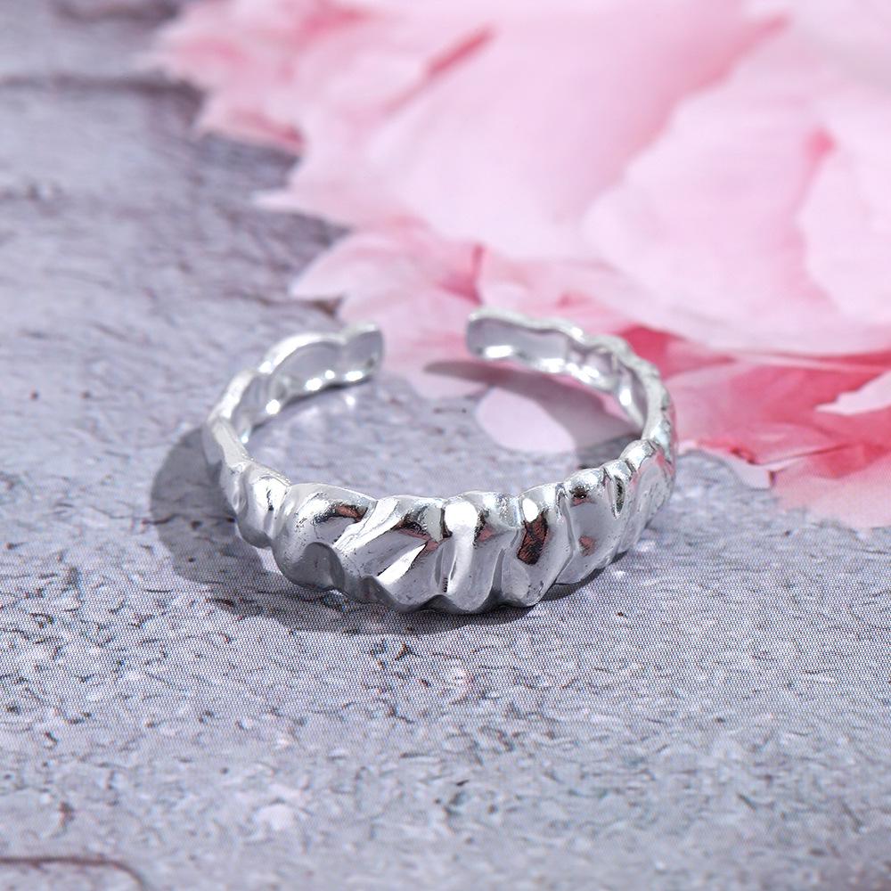 Adjustable Non-Fading Retro Aluminum Irregular Pleated Open Ring for Women Single Steel Ring