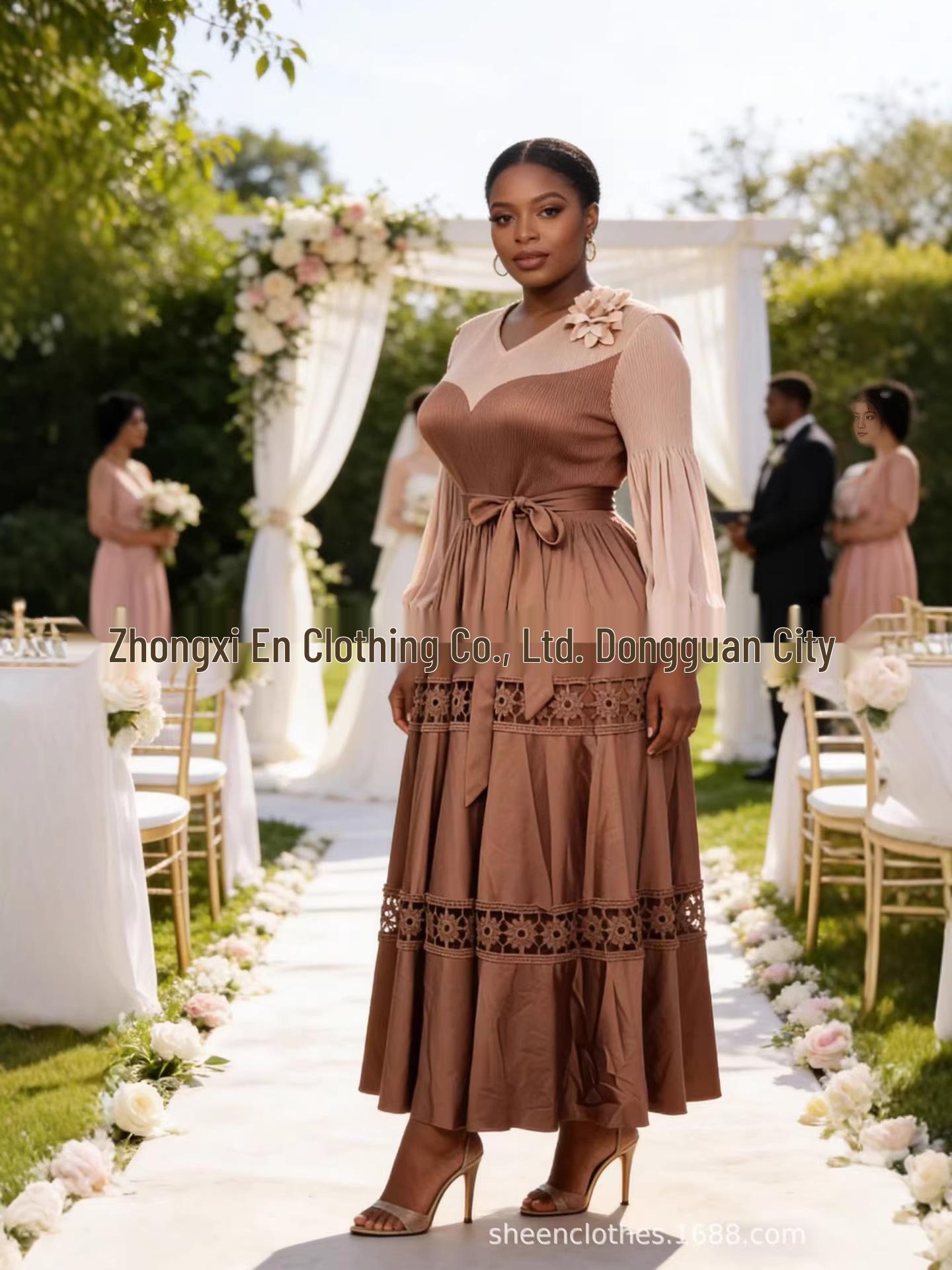 

2026 European & American Color Block Lace Trim Lantern Sleeve Plus Size Pleated Dress One Size оранжевый