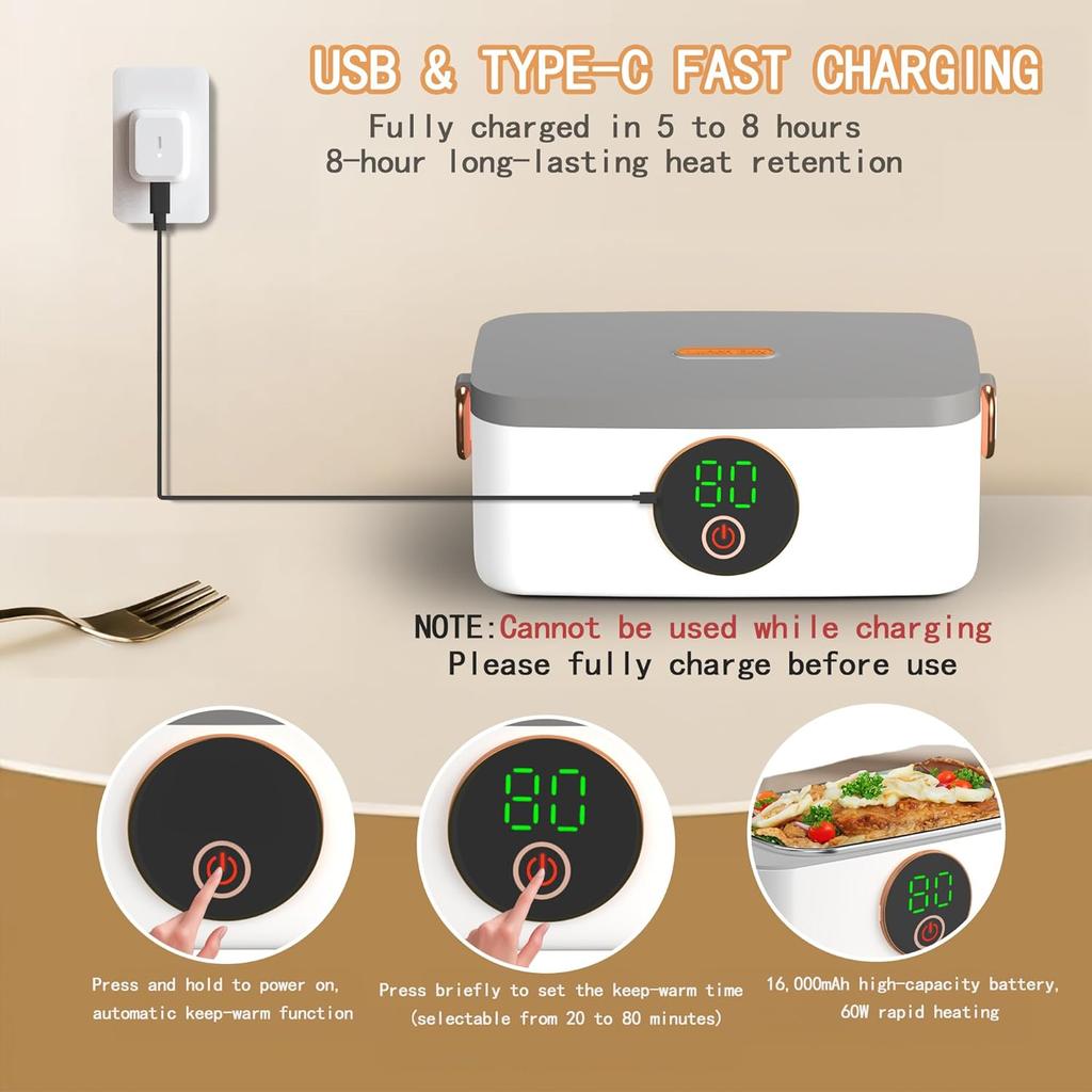Portable Wireless Heated Lunch Box for Adults, 16000mAh Rechargeable, 1000ml, Ideal for Travel, Outdoor, Office