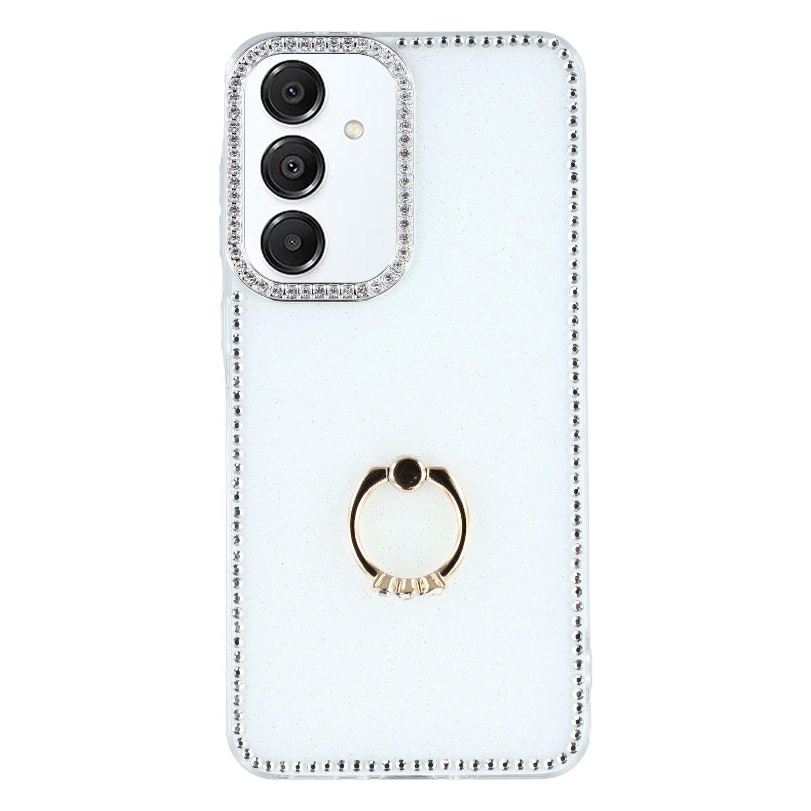 

For Samsung Galaxy S25+/S24+ Case with Ring Kickstand Rhinestone Edge TPU+PC IMD Phone Cover Glitter White