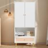 Wardrobe with 2 Doors, Large Rattan Drawer and Clothes Rail. With Metal Legs and Handles – Perfect for Bedroom and Living Room. White, 80x48x175 Cm