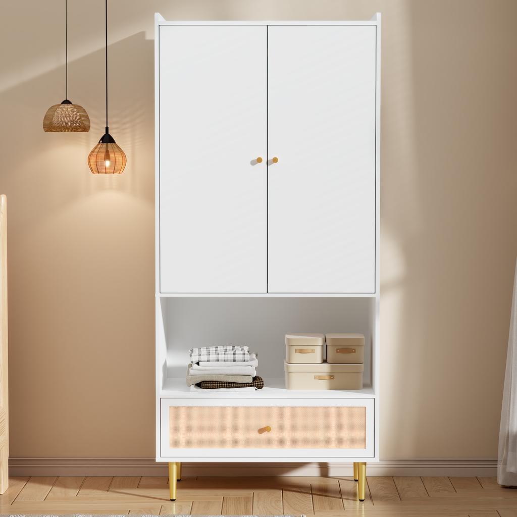 Wardrobe with 2 Doors, Large Rattan Drawer and Clothes Rail. With Metal Legs and Handles – Perfect for Bedroom and Living Room. White, 80x48x175 Cm