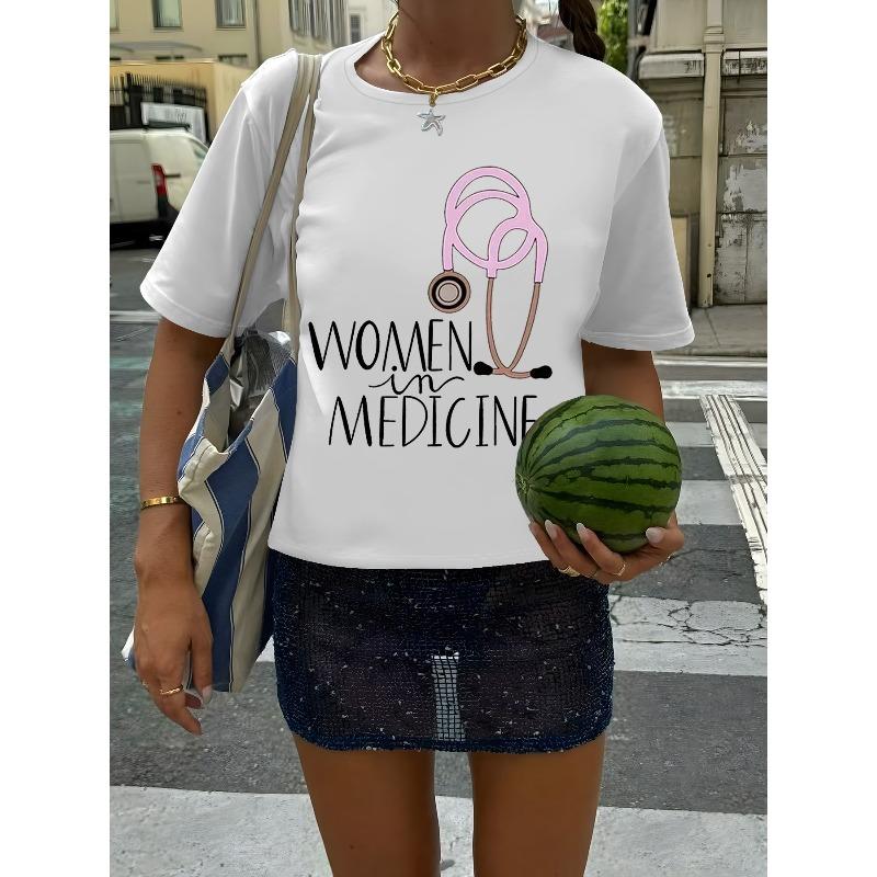Women s Casual Printed Slim-Fit T-Shirt, One-Piece, Printed Pattern, Text, Elegant Round Neck Short Sleeve T-Shirt, S белый