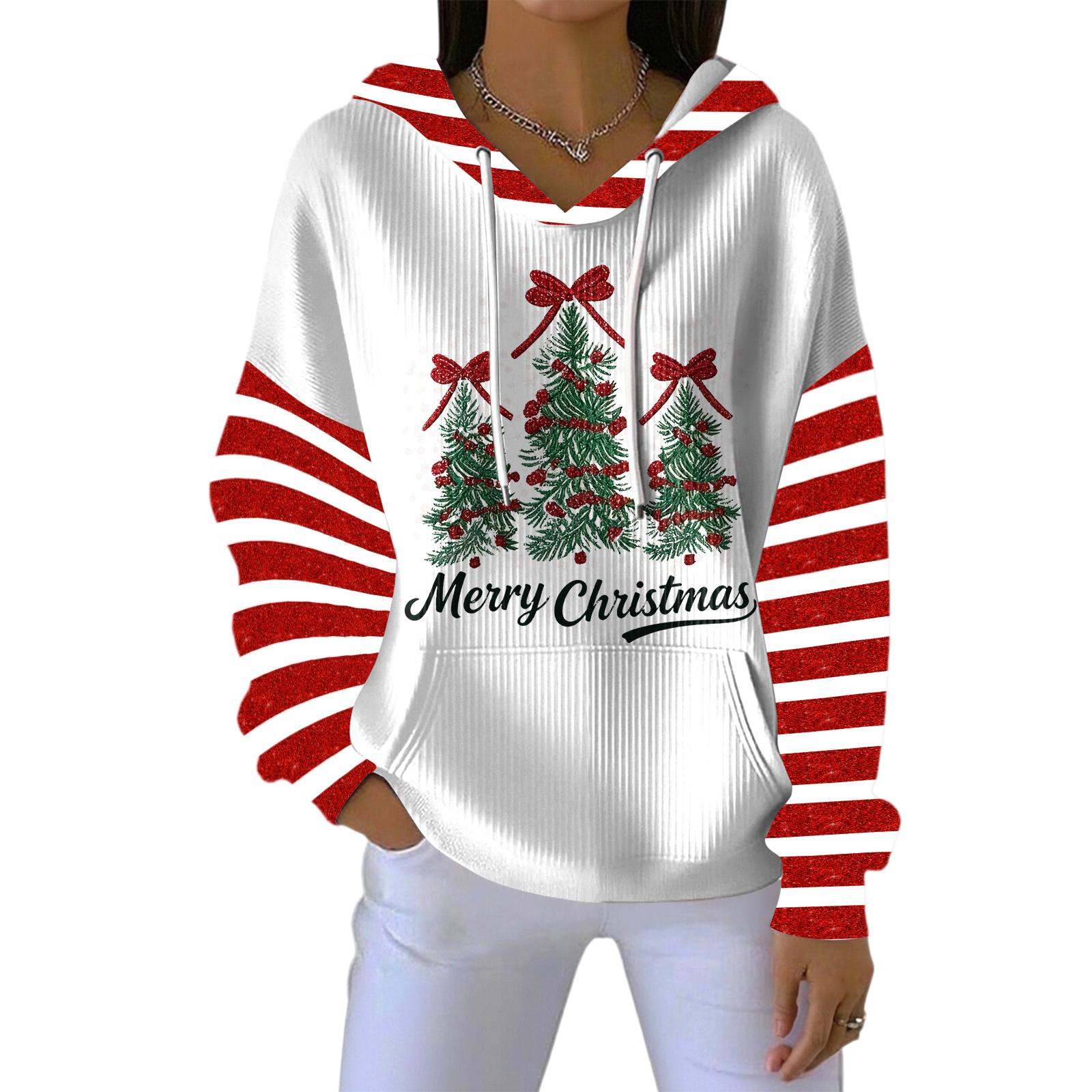 

Женское свободное и удобное худи с V-образным вырезом на кулиске и длинными рукавами с рождественским принтом L