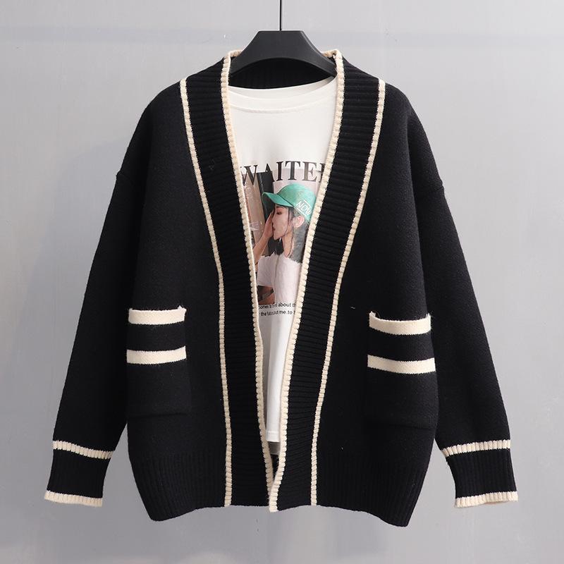 Autumn and winter new loose lazy wind pocket college style fashion sweater cardigan women's knitted sweater jacket women