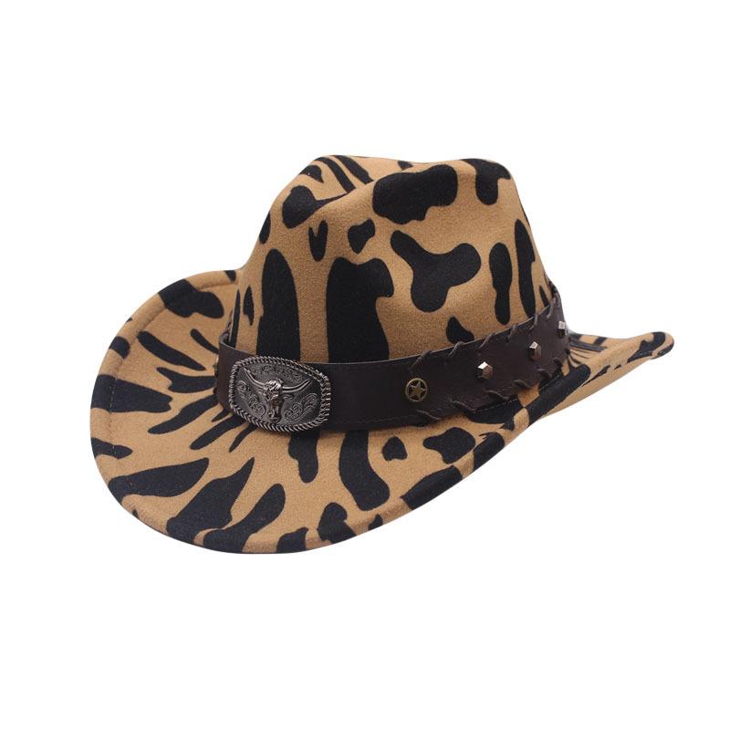 European and American New Cow Pattern Felt Hat Western Cowboy Top Hat Outdoor Travel Hat Metal Cow Standard Crimped Top Hat