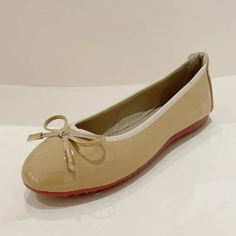 Ladies Single Shoes Bowtie Flats Patent Leather Loafers Women Round Toe Roll-Up Shoes Woman Bridesmaid Flats Zapatillas Mujer