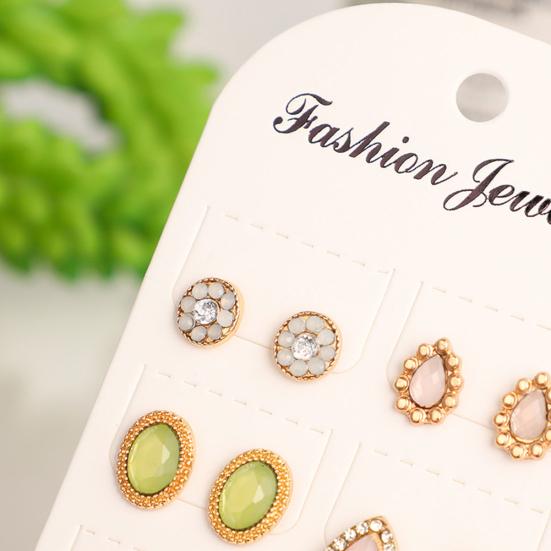 6Pairs Women Water Drop Flower Rhinestone Faux Opal Ear Studs Earrings