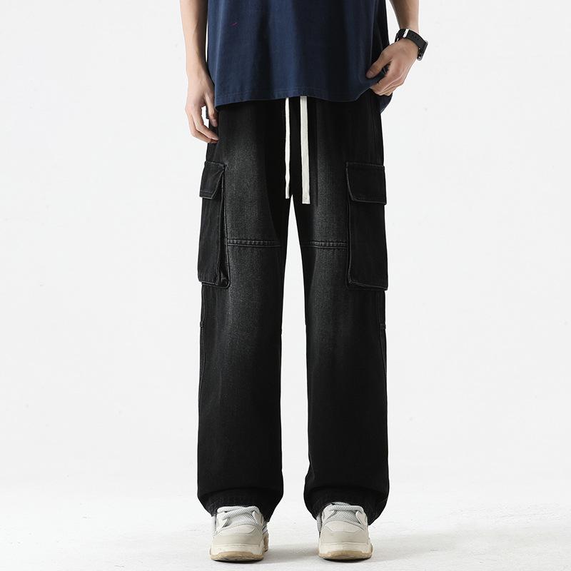 Spring and summer new loose straight tooling jeans men's American trendy brand elastic waist lace-up trousers