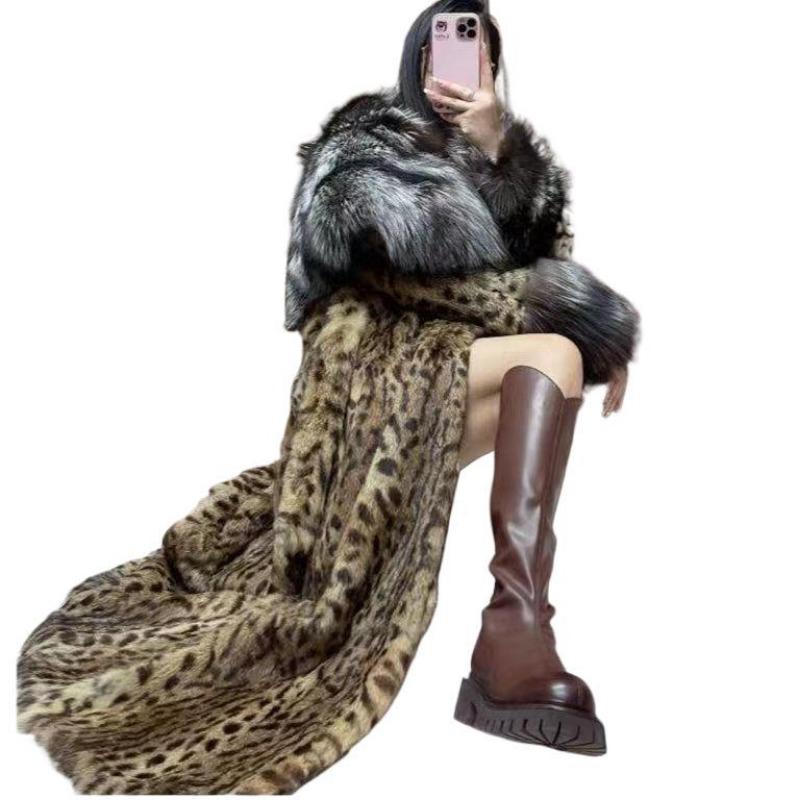 Temperament celebrity fur Maillard style leopard print long coat winter thickened warm cotton clothes imitation fox hair