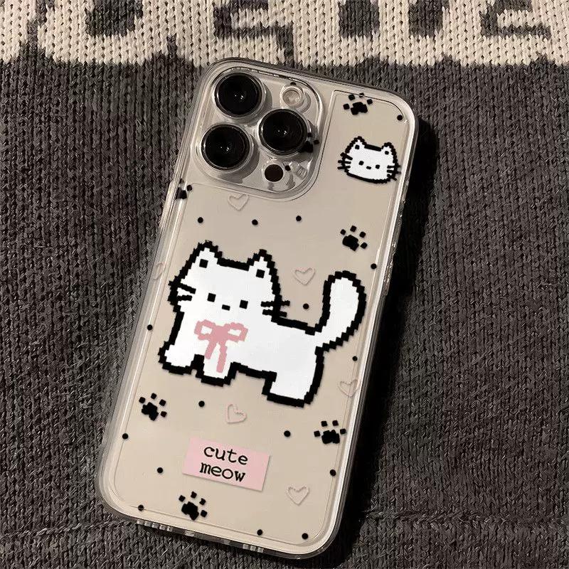 Cute Pixel Cat Clear Phone Case, Kawaii Kitty Heart Print Shockproof Protective Cover for iPhone