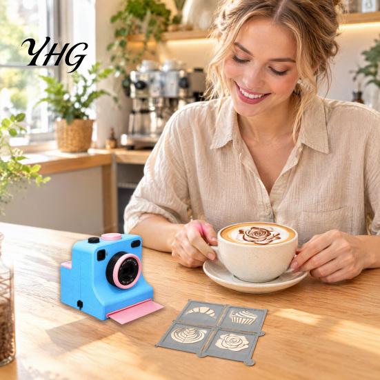 Mechanical Latte Art Camera 3D Printed Coffee Printer, Manual One-Click Powder Stencil Maker with DIY Drink Decorator Interchangeable Template