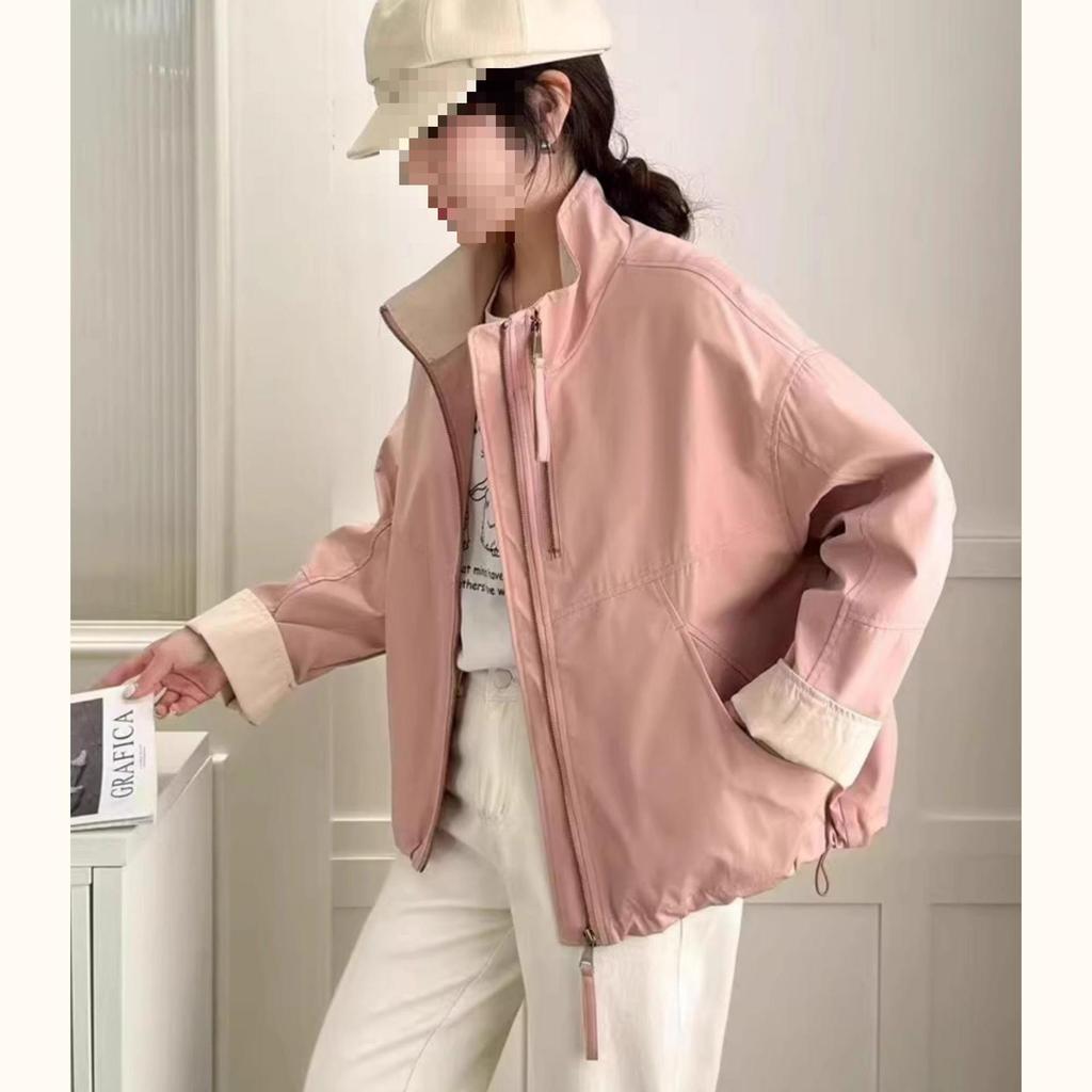 European Style Stand Collar Double Zipper Women's Color Block Jacket - 2025 Spring Casual Loose Fit