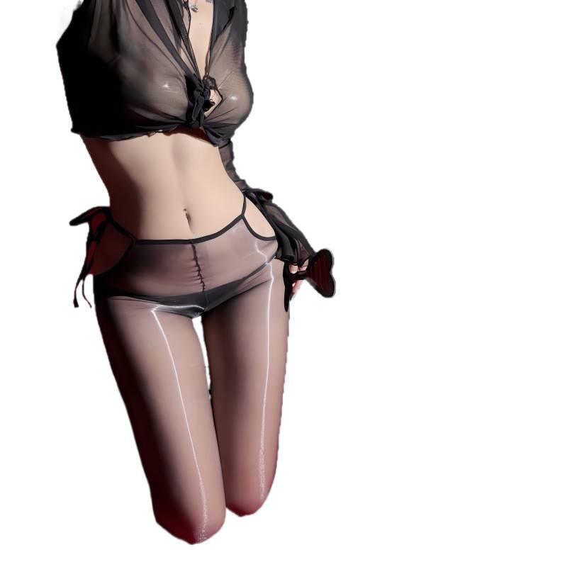 Aurora Super Transparent Black Lace-Up Oil-Gloss Tights for Women