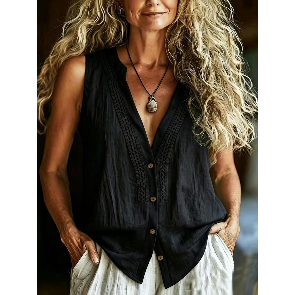 Canotta casual da donna con scollo a V, senza maniche, in misto lino, con bordi in pizzo e bottoni