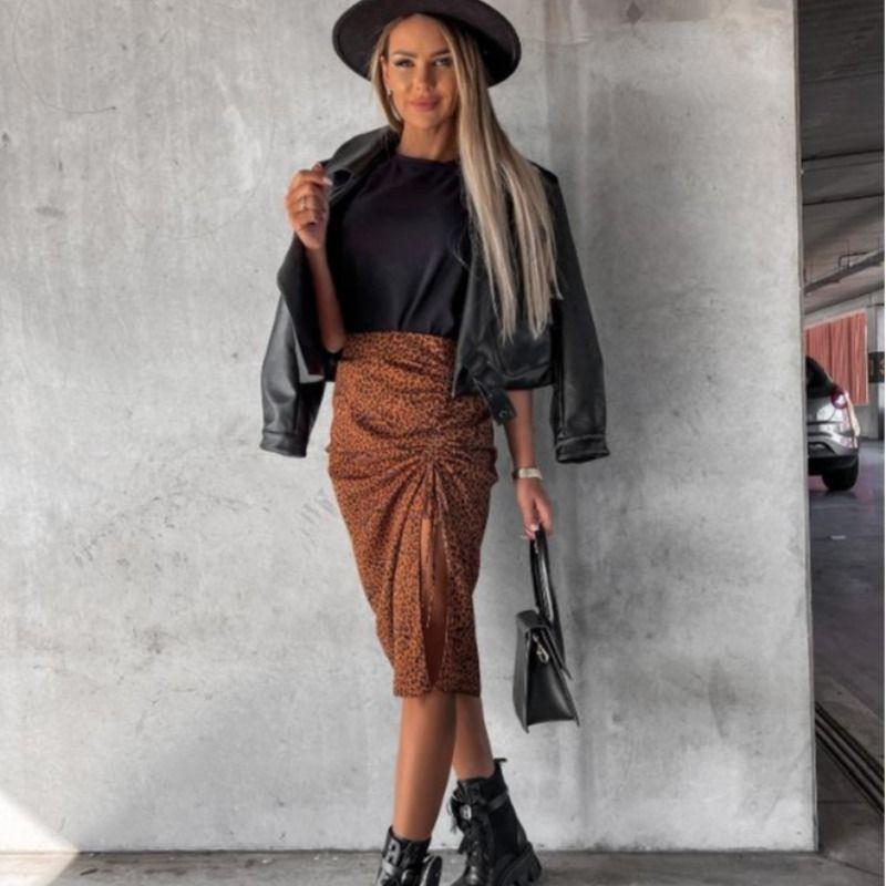 European Station Leopard Print Sexy Slit Shoelace Skirt