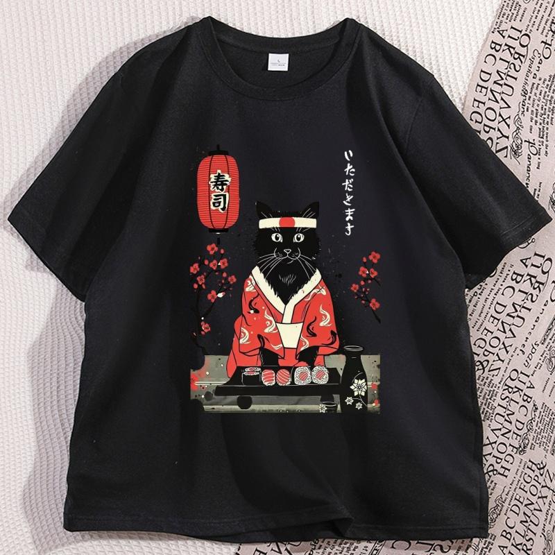 Japanese Sushi Cat Kitten Tshirt Men Women Manga Top Tee Retro Short Sleeve Oneck Cotton Tees Cat Printed Man Clothing Y2k
