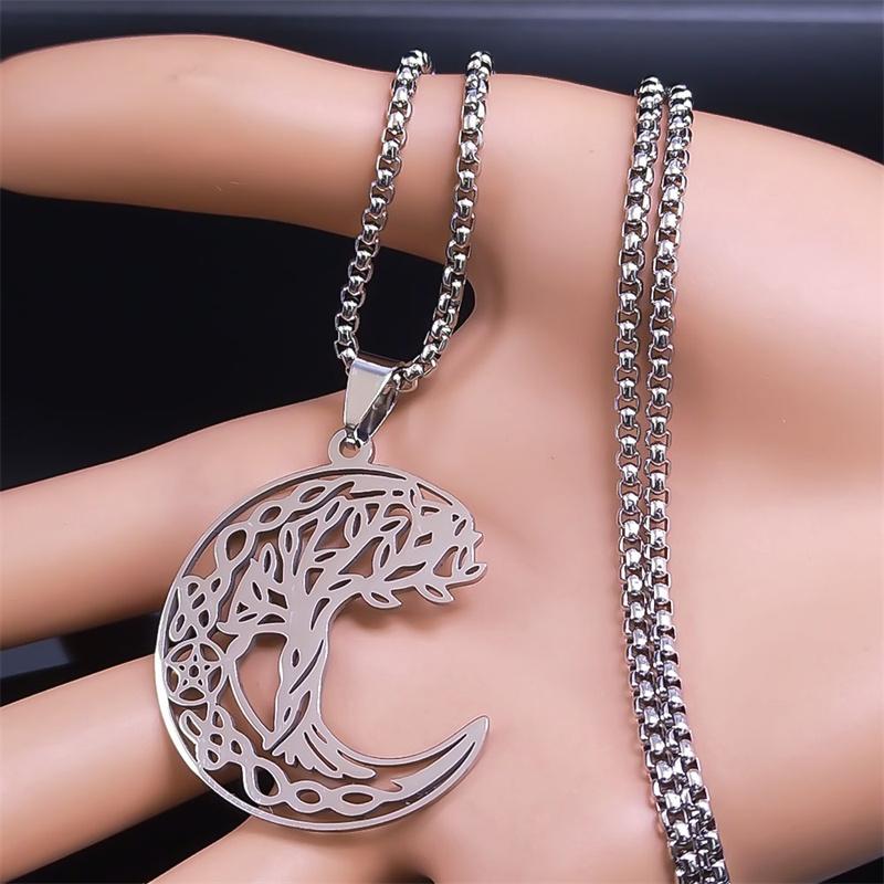 Witch Pentagram Tree Of Life Crescent Moon Necklace Stainless Steel Amulet Protection Star Goddess Necklaces Jewelry collier