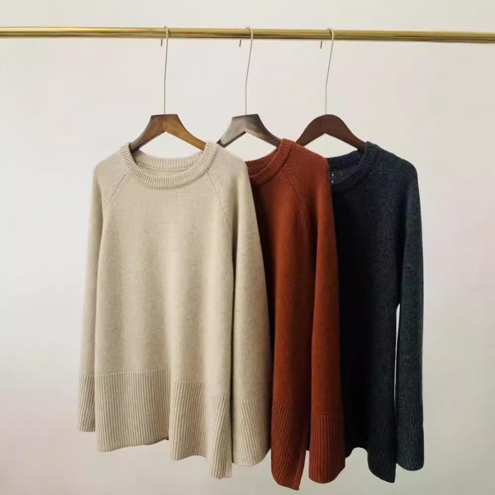 Women's Mid-Length 100% Pure Wool Sweater - Loose Fit, Slit Design, Lazy Style for Autumn and Winter.