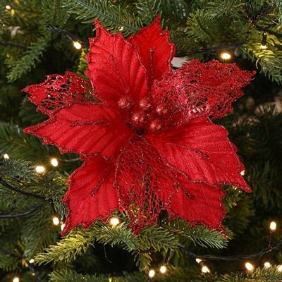 New 24cm Poinsettia Glitter Flower DIY Fake Flowers Christmas Flowers Party Supplies Wedding Decor Xmas Tree Decorations