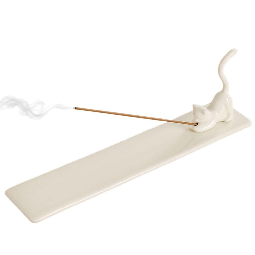 EU SOU Cat Motif Incense Incense Stick Modern Retro Cat Interior Soothing Item Holder, Burner, Ceramic, Design, Decor, (White)