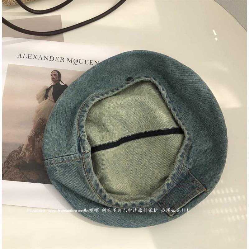 Octagonal Denim Beret Women's Autumn Hat Nostalgic Retro Big Head Circumference Summer Showing Face Small Painter Hat High Sense
