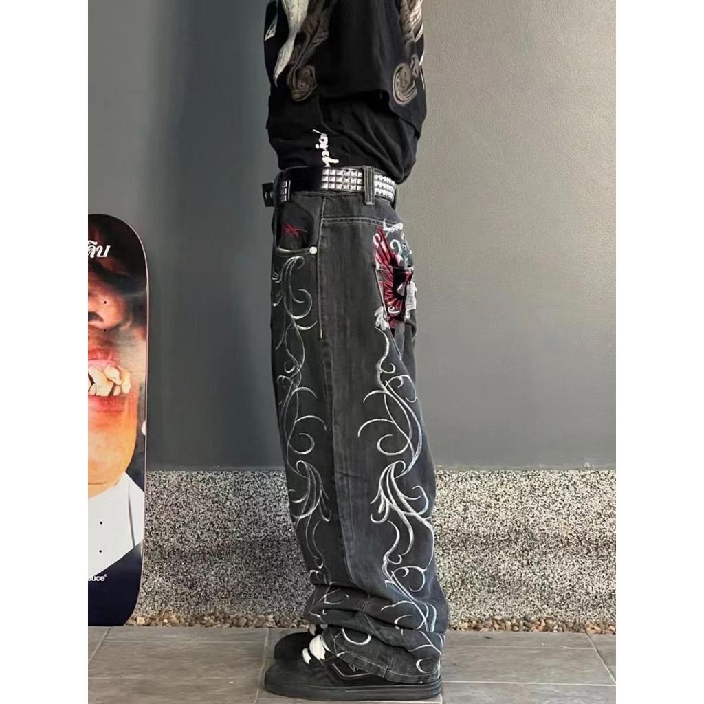 DRIPX Retro American Street Style Embroidery Wide Leg Washed  Jeans Casual Straight Leg Pants