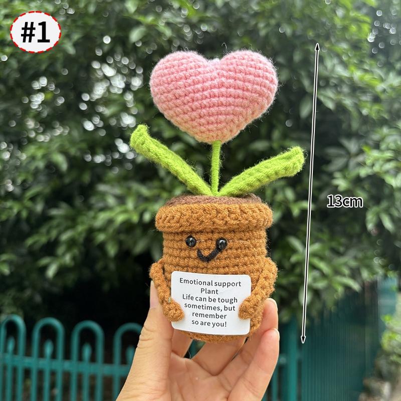 Handmade Crochet Flower Sunflower Potted Knitted Wool Ornament Auto Interior Funny Stress Relieving Decor With Positive Card