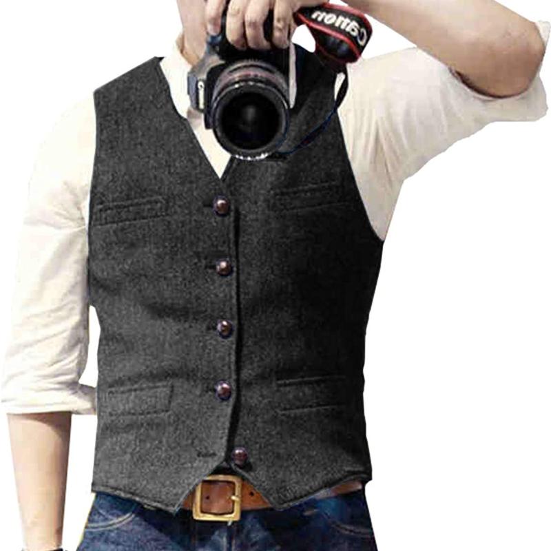 Men's Autumn and Winter V Neck Suits Vest  Herringbone Tweed Slim Fit Waistcoat  Casual Classic Formal Business for Wedding Groomsmen