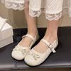 Fashion Mary Jane Shoes Autumn New Round Toe Shallow Mouth Pearl Bow One Slip Soft Sole Anti-slip Wear-resistant Single Shoes