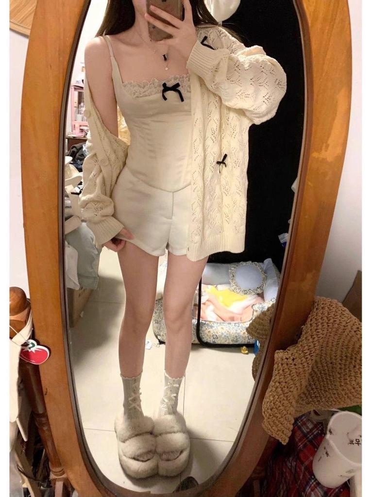 Women's Lightweight Hollow Knit Bow Cardigan Sweater