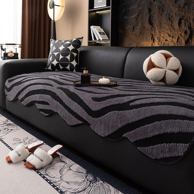 

1pc Zebra Stripes Jacquard Fleece Sofa Cover, Black & White Retro Modern Couch with Anti-Slip Sofa Towel Fit for 1/2/3/4 Seater 90x120cm темно-сірий