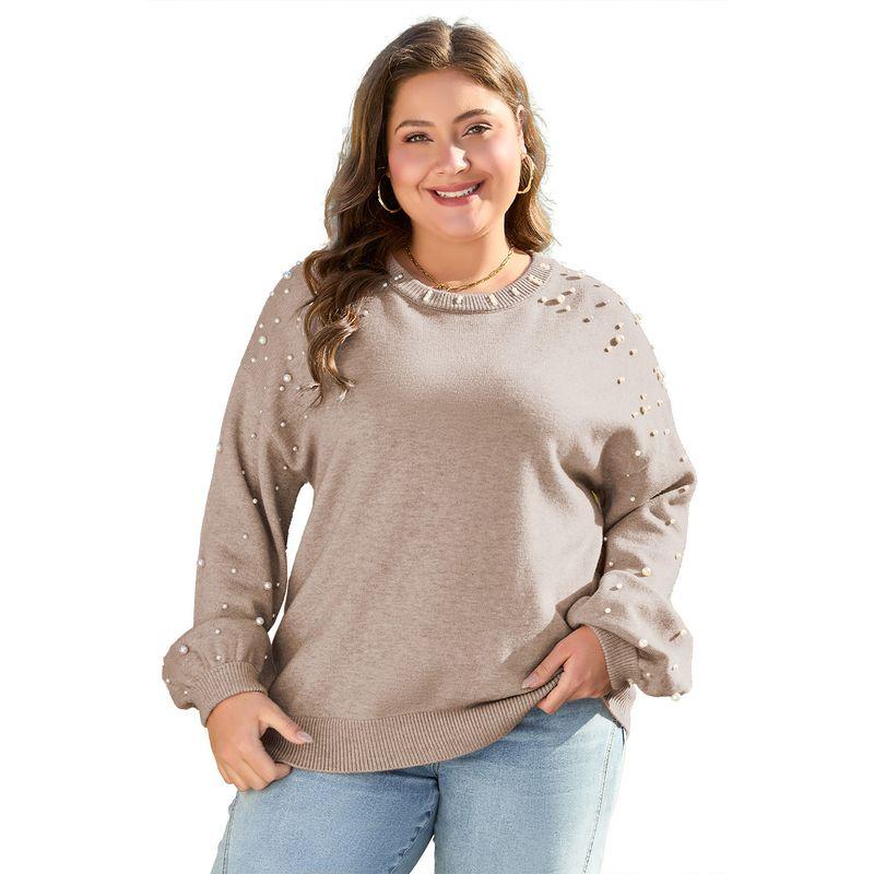 

American Shiying Winter New Beads Plus size Sweater Women 2025 Fashion Commuter All-Match Knitted Pullover Khaki 4XL fit (90.00 kg-100.00 kg