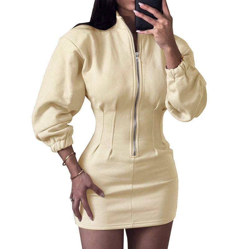European and American Export Women's Clothing Autumn and Winter Casual and Comfortable Long-Sleeved Stand-Up Collar Zipper Waist Sweatshirt Dress