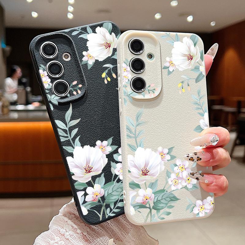 Simple Floral Pattern Shockproof Soft Case For Samsung S25 Ultra S24 FE S23 S22 A56 A16 A36 A15 A55 A35 A54 Leather Texture TPU Matte Slim Phone Cover