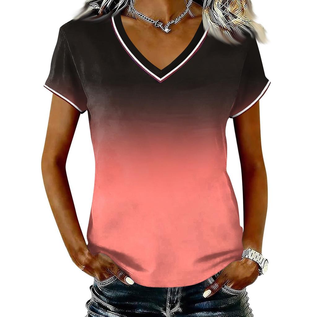 Camiseta Casual de Mujer con Cuello en V y Manga Corta, Jersey con Estampado Degradado, Tejido Ligero y Suave, Ajuste Cómodo