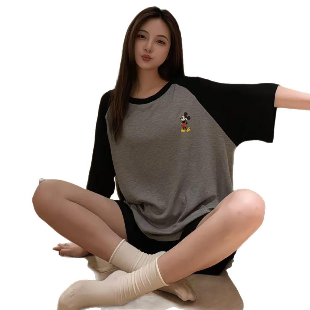 Women's Summer Cotton-Like Pajama Set: Raglan Short-Sleeve Top & Shorts with Cute Cartoon Design, Suitable for Home or Outdoor Wear