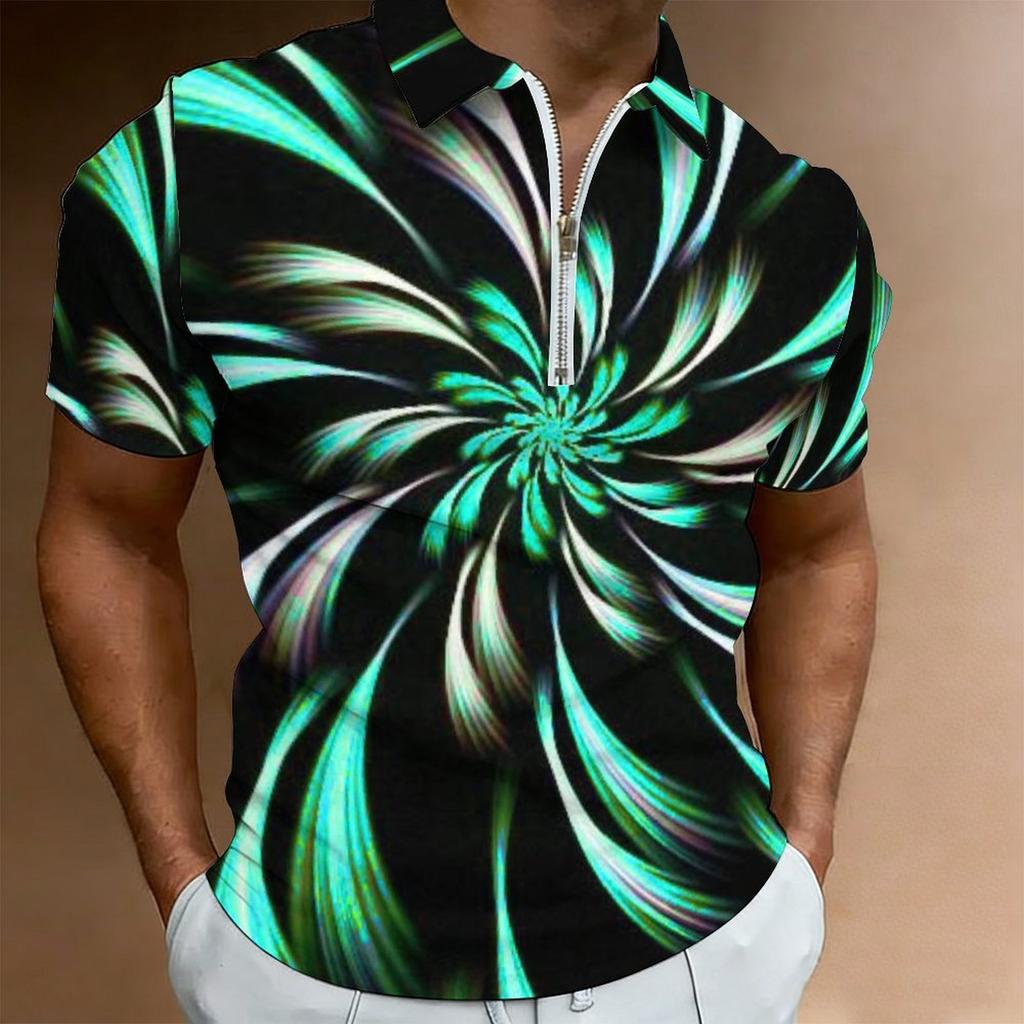 Women Short Sleeve Polo Shirt Blue Gray White Curved Wave Line Abstract Half Zip Lapel Top
