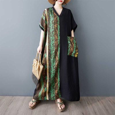 Summer Thin Cotton Linen V-neck Short Sleeved Long Dress for Women