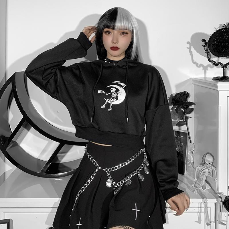 Moletons curtos com estampa de caveira gótica, pulôveres femininos de  outono, estética grunge, punk, manga comprida, roupas alternativas emo