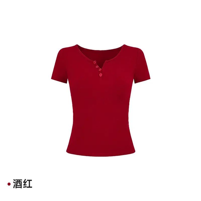 

Half-open neck short-sleeved t-shirt women s summer 2026 new design sense slim and thin shoulder solid color short-sleeved top s【 40-47.5kg 】 бордовый