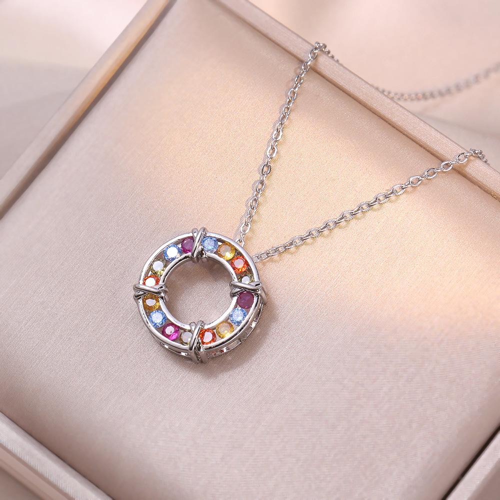 

Multicolored zircon pendant necklace for Women Rainbow Multicolor Cubic Zirconia Circle Necklace Christmas Jewelry Gifts for Her срібний