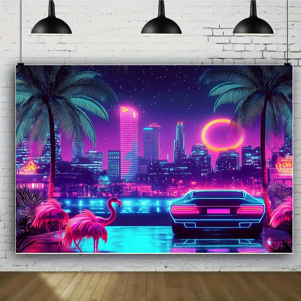 One Piece, Neon Retro Miami 80s Summer Disco Tropical Theme Background, Polyester, Suitable for Weddings